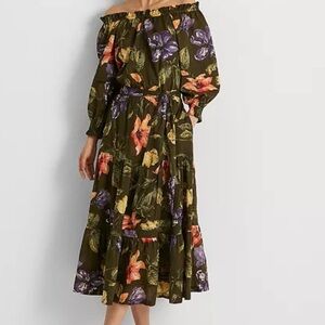 Lauren Ralph Lauren Cotton Voile Off Shoulder Midi Dress Size 2 Olive Floral NWT